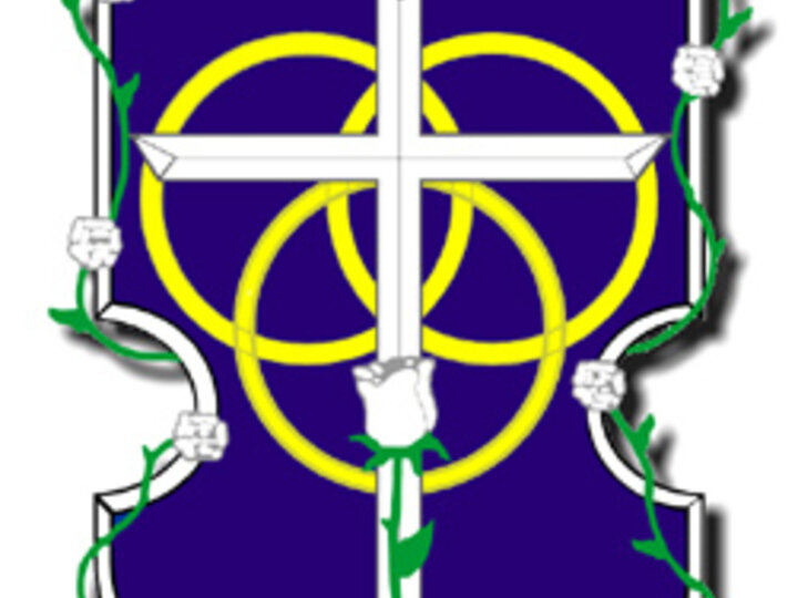 Shield with white cross, yellow circles, vines, roses, and a sunburst above against a purple background.